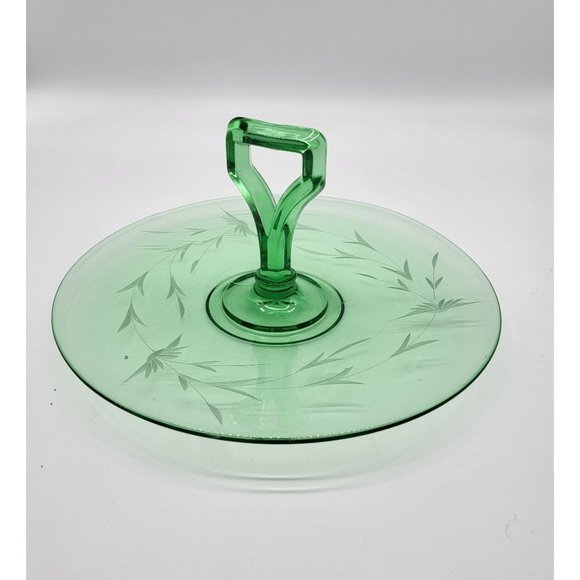 unbranded Other - VTG Etched Green Glass Tray Center Handle Round Decorative Nut Dessert